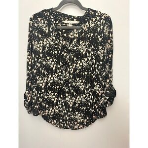 LC Lauren Conrad Black Pink Heart Floral Print Collared Button Down Shirt Top M